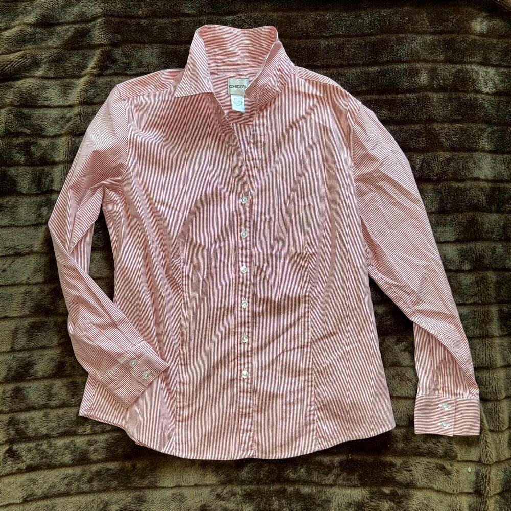 Chico's 2 (L) Red & Silver Mini Stripe Long Sleeve Button Front Blouse Clean!